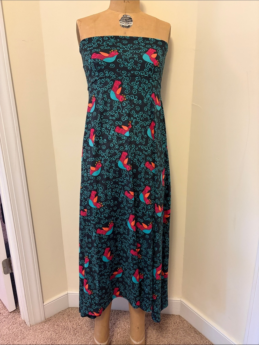 LuLaRoe Strapless Teal Maxi Dress with Pink & Red Bird Print